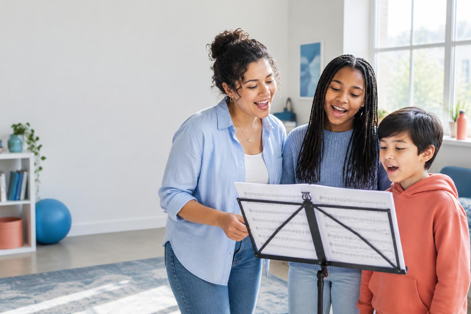 Singers of different ages reading music together in a bright studio